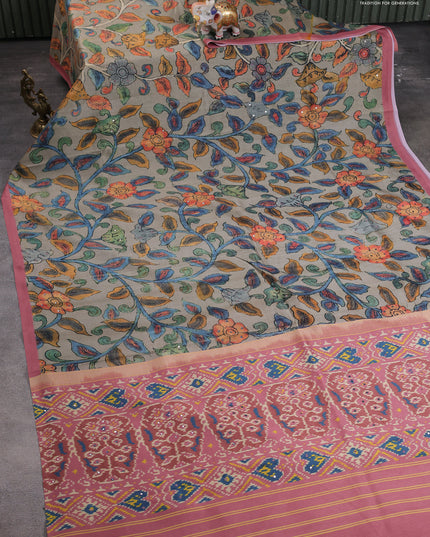 Semi tussar saree grey and dark peach with allover kalamkari prints and mirror work