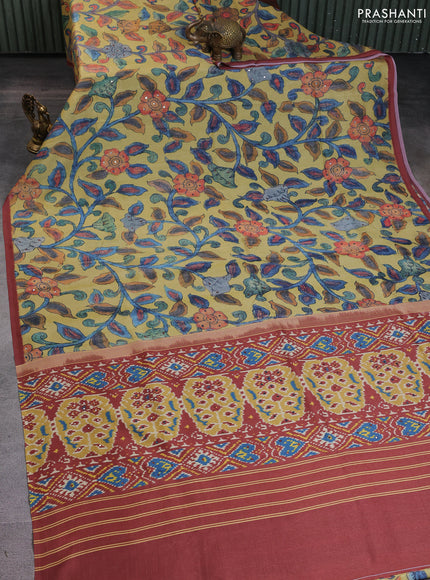 Semi tussar saree yellow and rust shade with allover kalamkari prints and mirror work