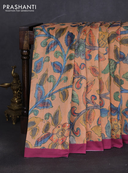 Semi tussar saree orange and pink with allover kalamkari prints and mirror work
