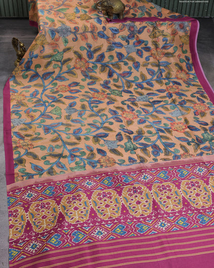 Semi tussar saree orange and pink with allover kalamkari prints and mirror work