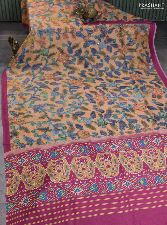 Semi tussar saree orange and pink with allover kalamkari prints and mirror work