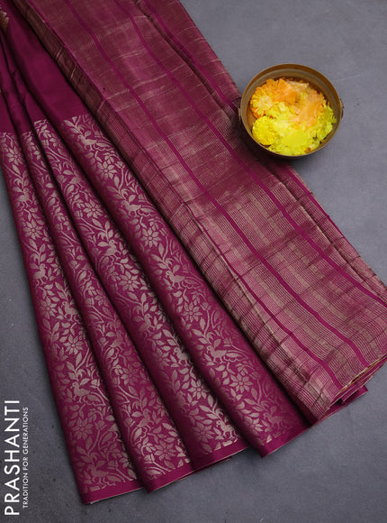 Semi mysore silk saree purple and yellow with half & half style and long zari woven border