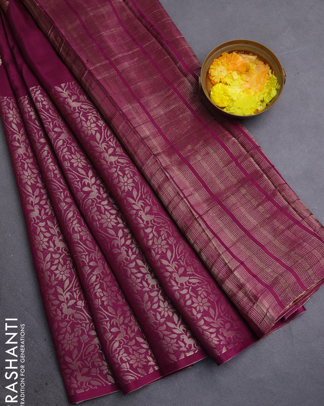 Semi mysore silk saree purple and yellow with half & half style and long zari woven border
