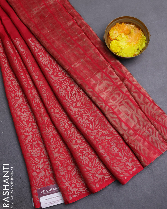 Semi mysore silk saree maroon and green with half & half style and long zari woven border