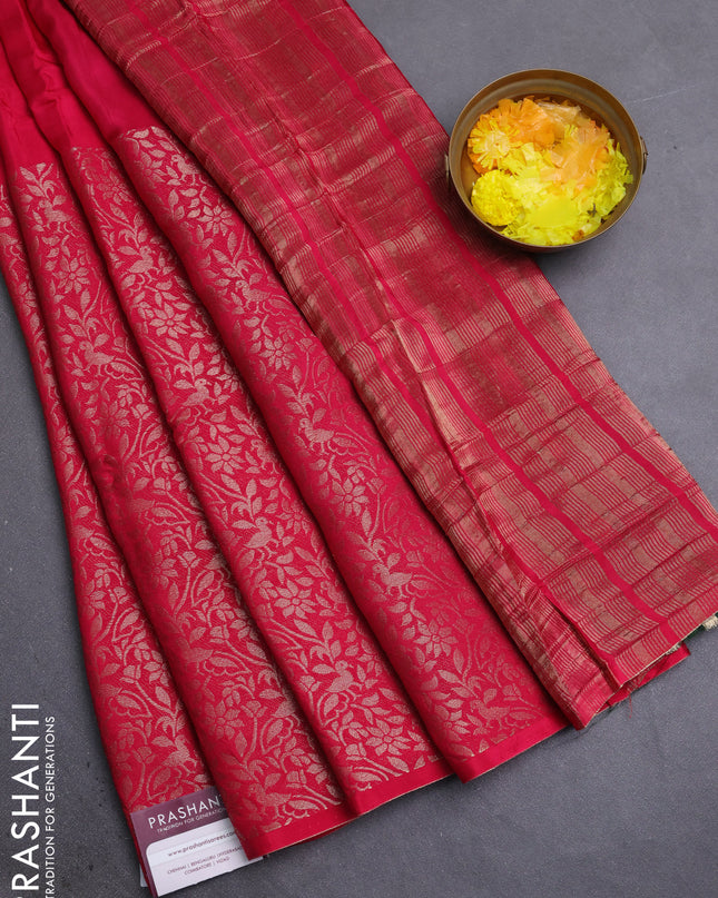 Semi mysore silk saree pink and green with half & half style and long zari woven border