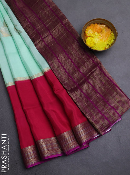Semi mysore silk saree teal green pink and purple with zari woven buttas and rettapet zari woven border