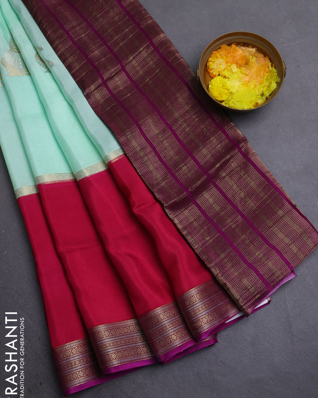 Semi mysore silk saree teal green pink and purple with zari woven buttas and rettapet zari woven border