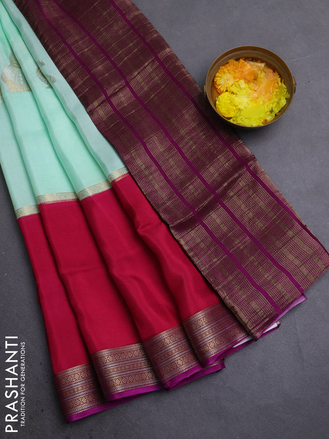 Semi mysore silk saree teal green pink and purple with zari woven buttas and rettapet zari woven border