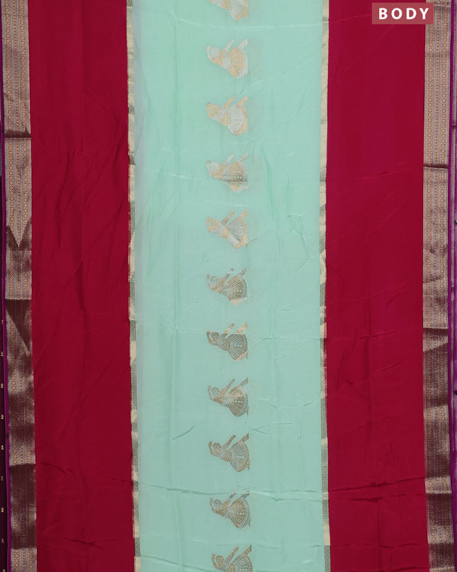 Semi mysore silk saree teal green pink and purple with zari woven buttas and rettapet zari woven border