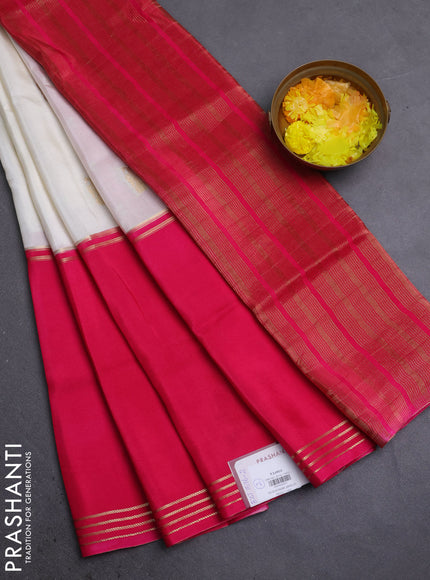Semi mysore silk saree off white purple and pink with zari woven buttas and rettapet zari woven border