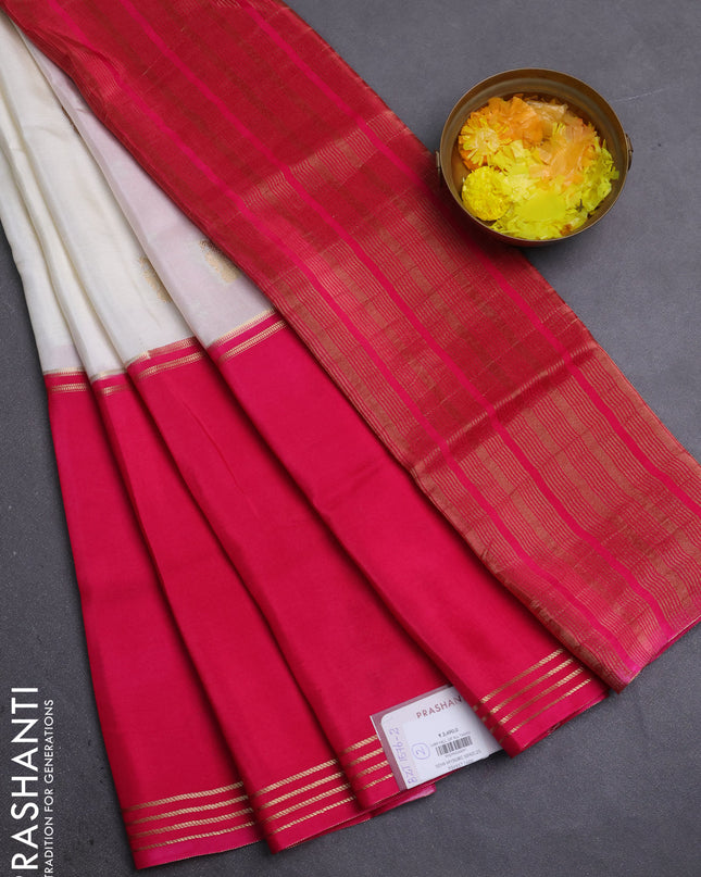 Semi mysore silk saree off white purple and pink with zari woven buttas and rettapet zari woven border