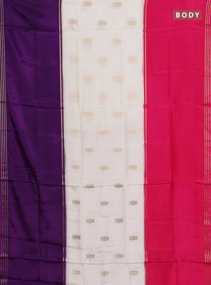 Semi mysore silk saree off white purple and pink with zari woven buttas and rettapet zari woven border