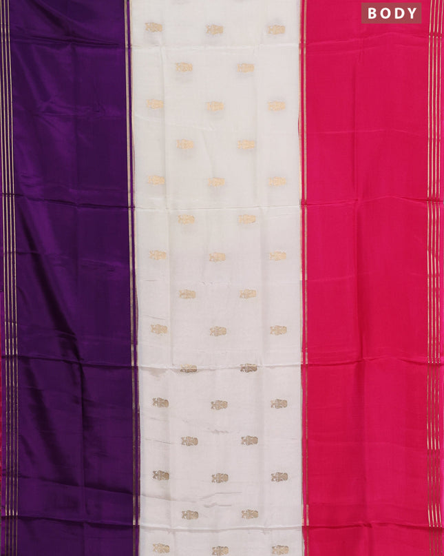 Semi mysore silk saree off white purple and pink with zari woven buttas and rettapet zari woven border