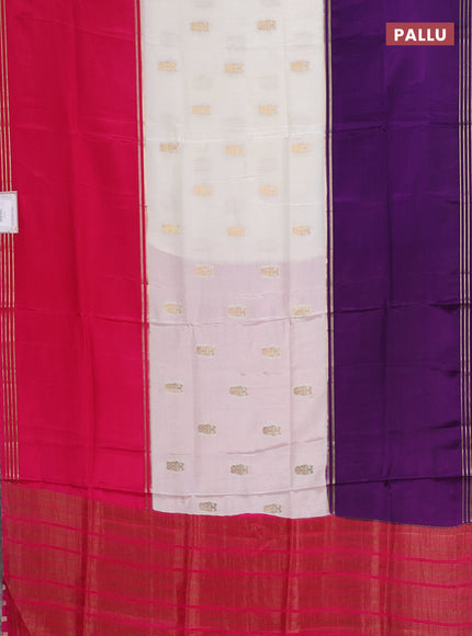 Semi mysore silk saree off white purple and pink with zari woven buttas and rettapet zari woven border