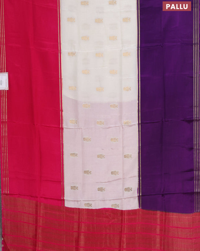 Semi mysore silk saree off white purple and pink with zari woven buttas and rettapet zari woven border