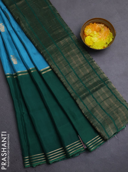 Semi mysore silk saree teal blue violet and green with zari woven buttas and rettapet zari woven border