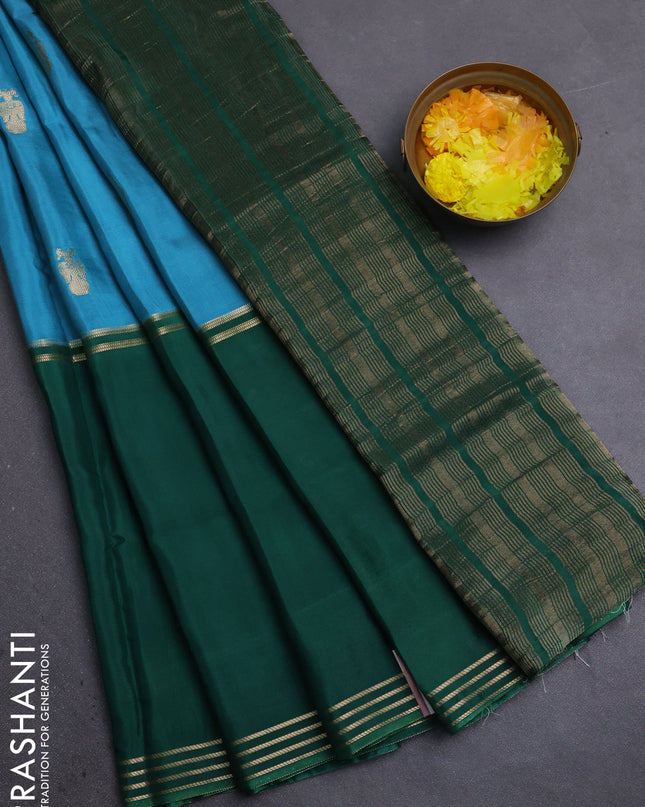 Semi mysore silk saree teal blue violet and green with zari woven buttas and rettapet zari woven border