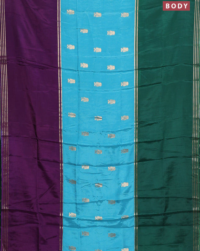 Semi mysore silk saree teal blue violet and green with zari woven buttas and rettapet zari woven border