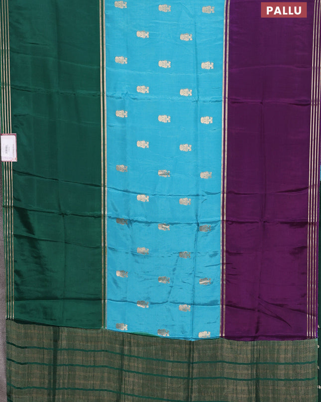 Semi mysore silk saree teal blue violet and green with zari woven buttas and rettapet zari woven border