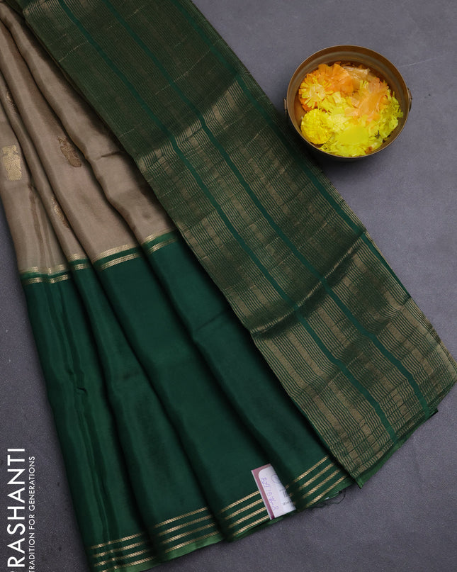 Semi mysore silk saree mehendi green purple and green with zari woven buttas and rettapet zari woven border