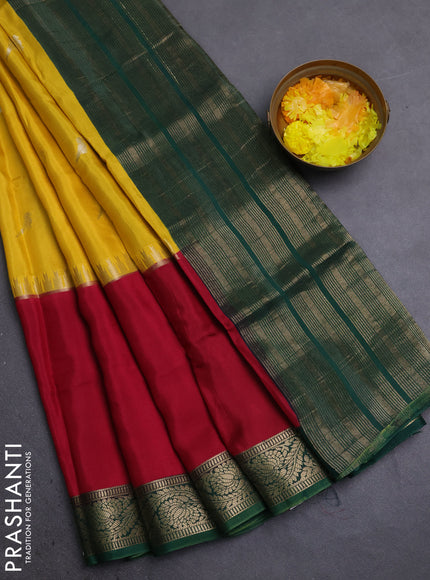 Semi mysore silk saree yellow maroon and green with zari woven buttas and rettapet temple zari woven border