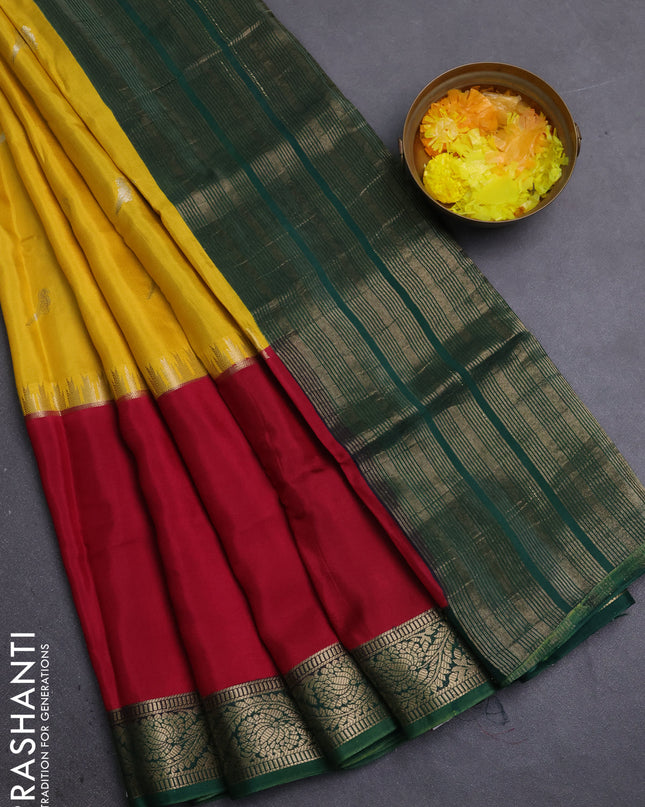 Semi mysore silk saree yellow maroon and green with zari woven buttas and rettapet temple zari woven border