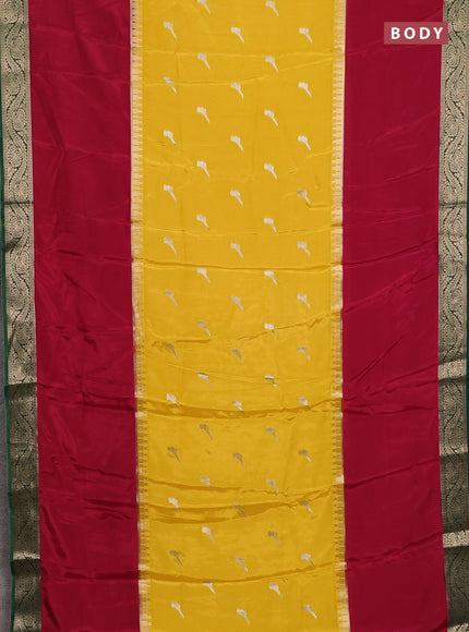 Semi mysore silk saree yellow maroon and green with zari woven buttas and rettapet temple zari woven border