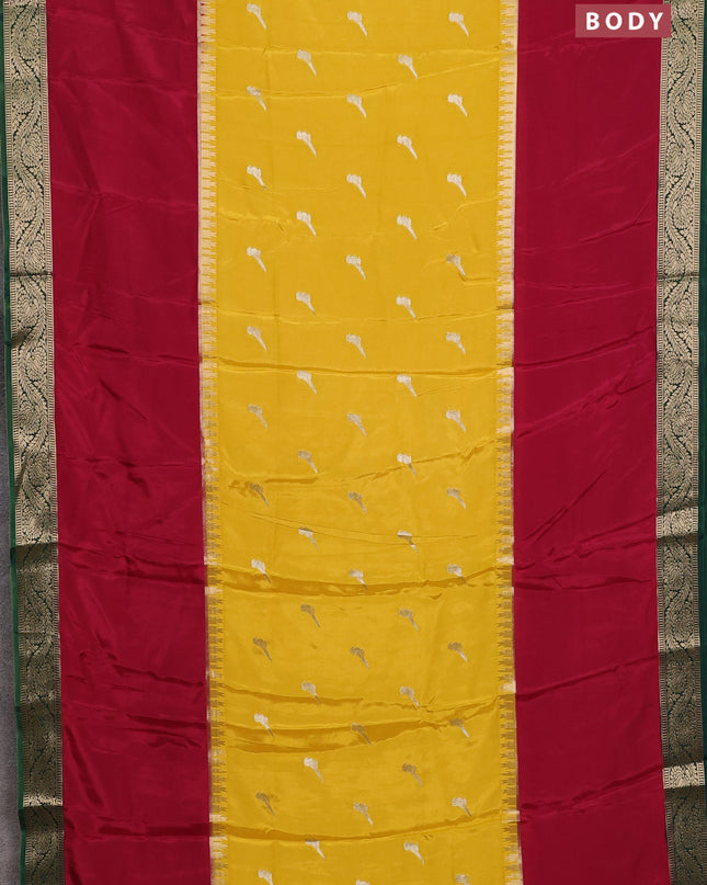 Semi mysore silk saree yellow maroon and green with zari woven buttas and rettapet temple zari woven border