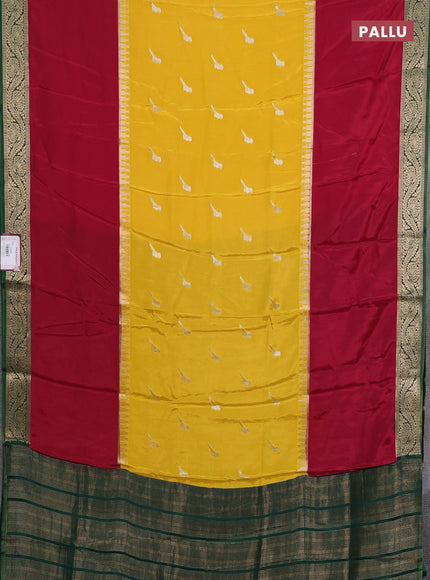 Semi mysore silk saree yellow maroon and green with zari woven buttas and rettapet temple zari woven border