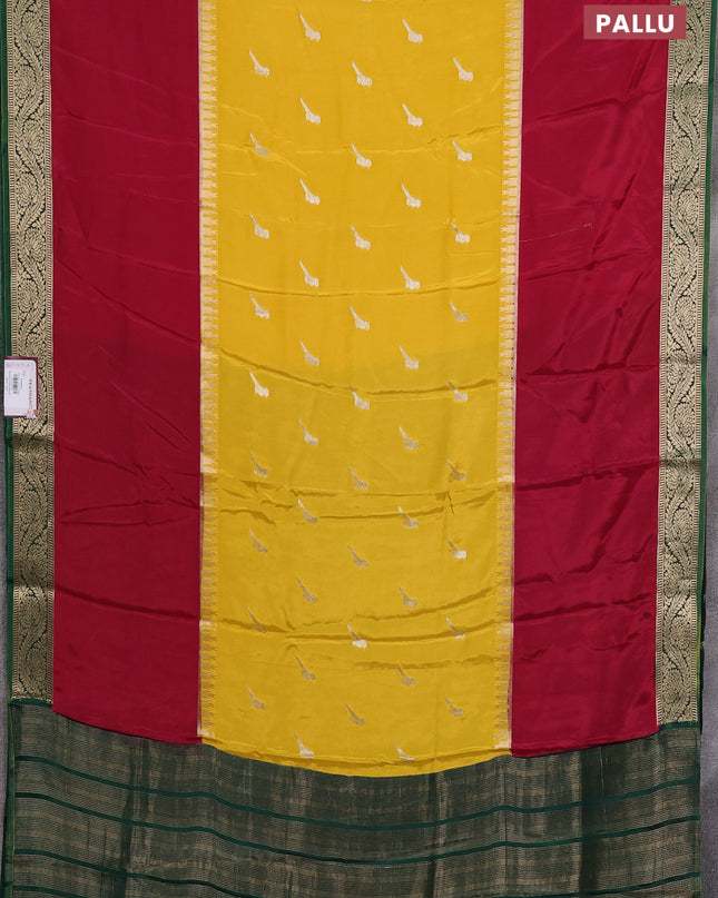 Semi mysore silk saree yellow maroon and green with zari woven buttas and rettapet temple zari woven border