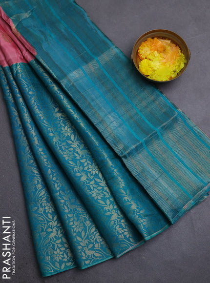 Semi mysore silk saree peach pink and teal green with half & half style and long zari woven border
