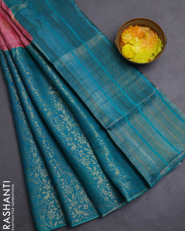 Semi mysore silk saree peach pink and teal green with half & half style and long zari woven border