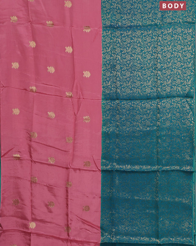 Semi mysore silk saree peach pink and teal green with half & half style and long zari woven border