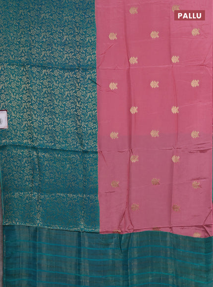 Semi mysore silk saree peach pink and teal green with half & half style and long zari woven border