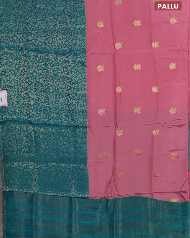 Semi mysore silk saree peach pink and teal green with half & half style and long zari woven border