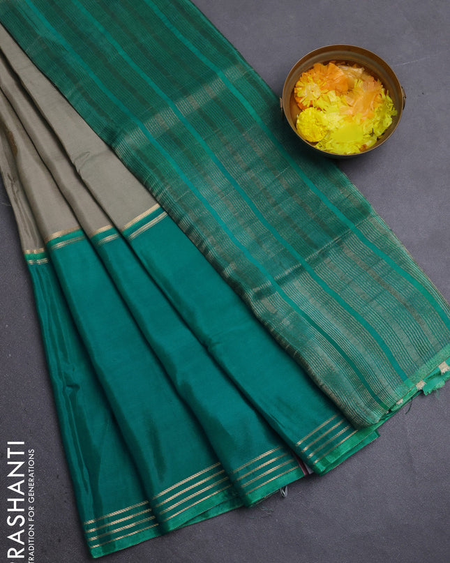 Semi mysore silk saree pastel green purple and teal green with zari woven buttas and long rettapet zari woven border