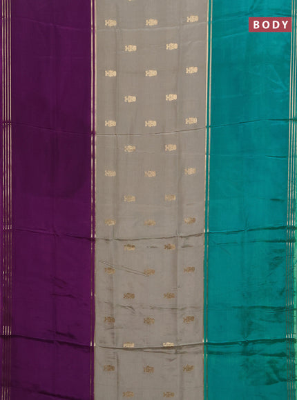 Semi mysore silk saree pastel green purple and teal green with zari woven buttas and long rettapet zari woven border