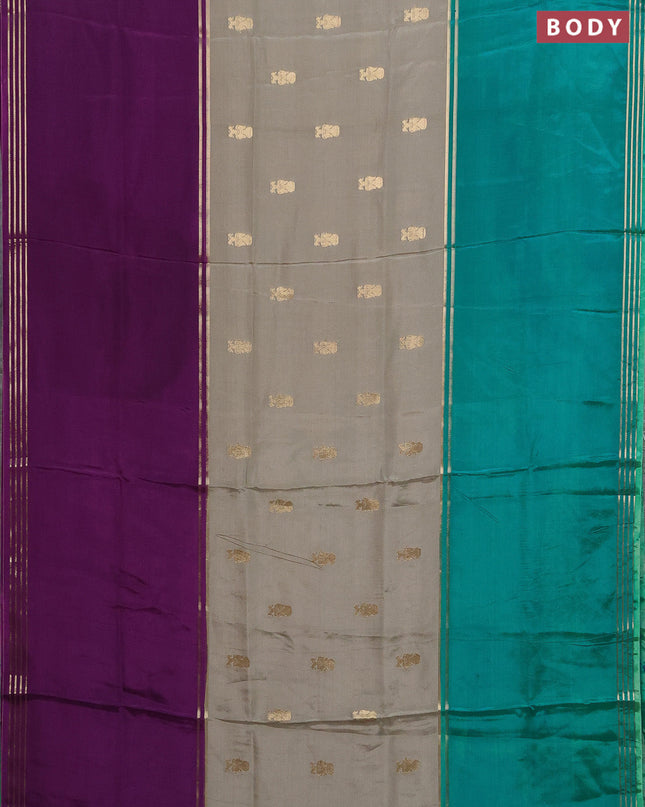 Semi mysore silk saree pastel green purple and teal green with zari woven buttas and long rettapet zari woven border