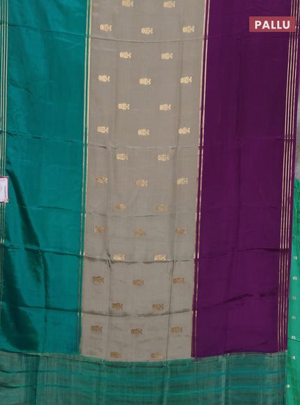 Semi mysore silk saree pastel green purple and teal green with zari woven buttas and long rettapet zari woven border