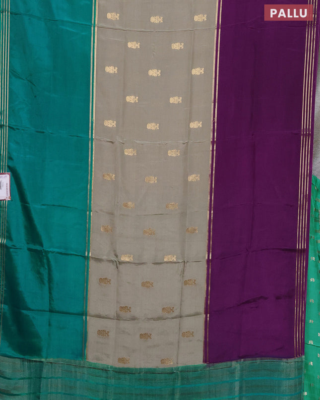 Semi mysore silk saree pastel green purple and teal green with zari woven buttas and long rettapet zari woven border