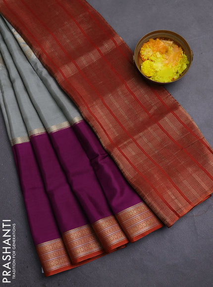 Semi mysore silk saree grey purple and rustic orange with zari woven buttas and zari woven border