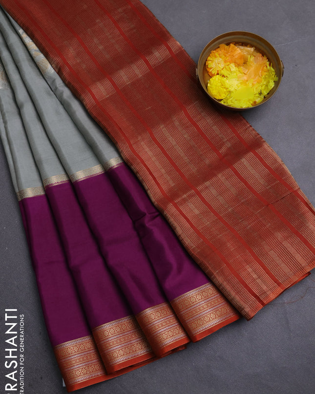 Semi mysore silk saree grey purple and rustic orange with zari woven buttas and zari woven border