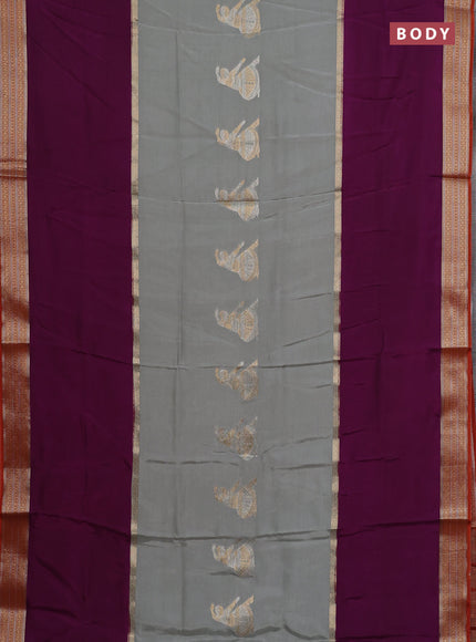 Semi mysore silk saree grey purple and rustic orange with zari woven buttas and zari woven border