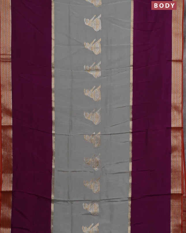 Semi mysore silk saree grey purple and rustic orange with zari woven buttas and zari woven border