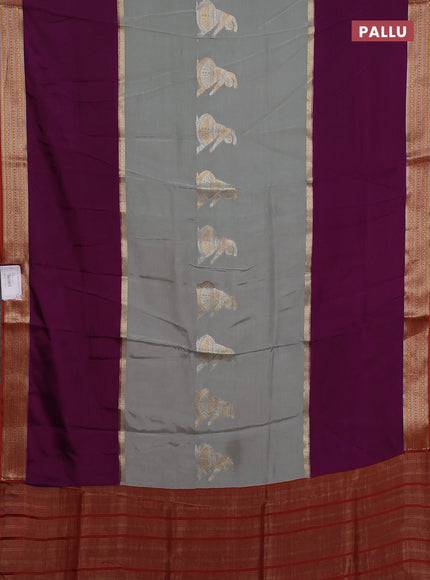 Semi mysore silk saree grey purple and rustic orange with zari woven buttas and zari woven border