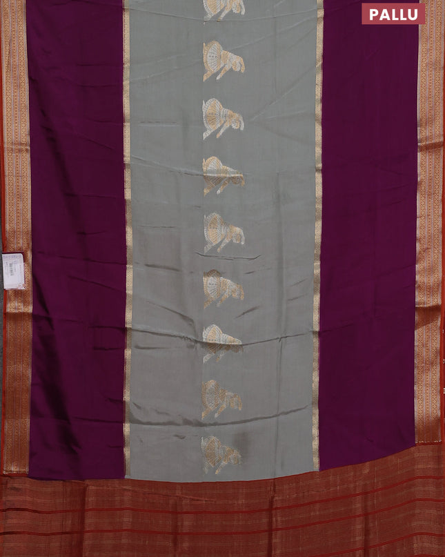 Semi mysore silk saree grey purple and rustic orange with zari woven buttas and zari woven border