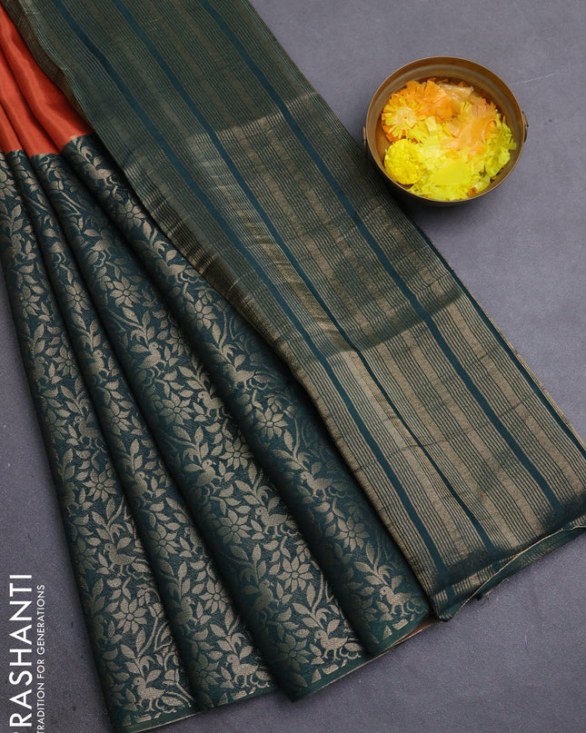 Semi mysore silk saree rustic orange and green with half & half style and long zari woven border