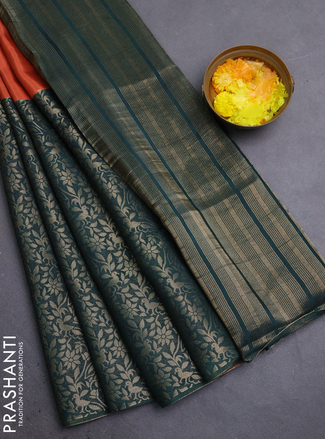 Semi mysore silk saree rustic orange and green with half & half style and long zari woven border