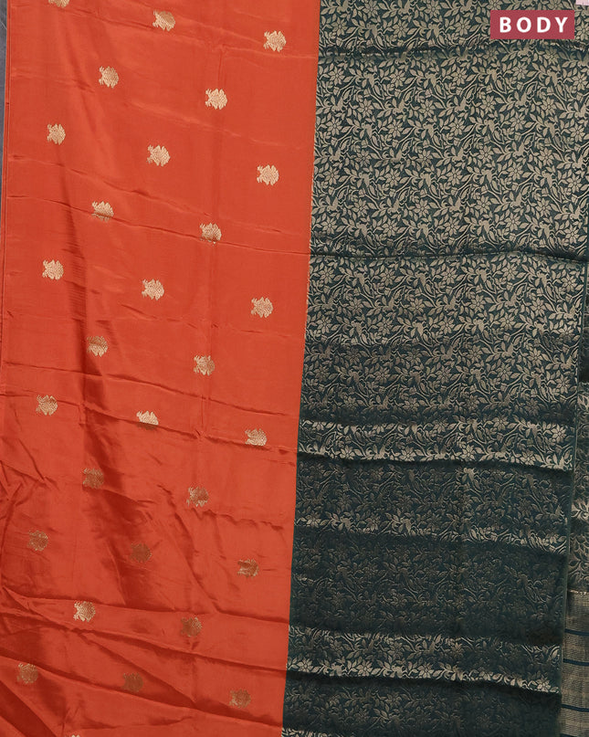 Semi mysore silk saree rustic orange and green with half & half style and long zari woven border