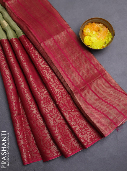 Semi mysore silk saree pastel green and pink with half & half style and long zari woven border